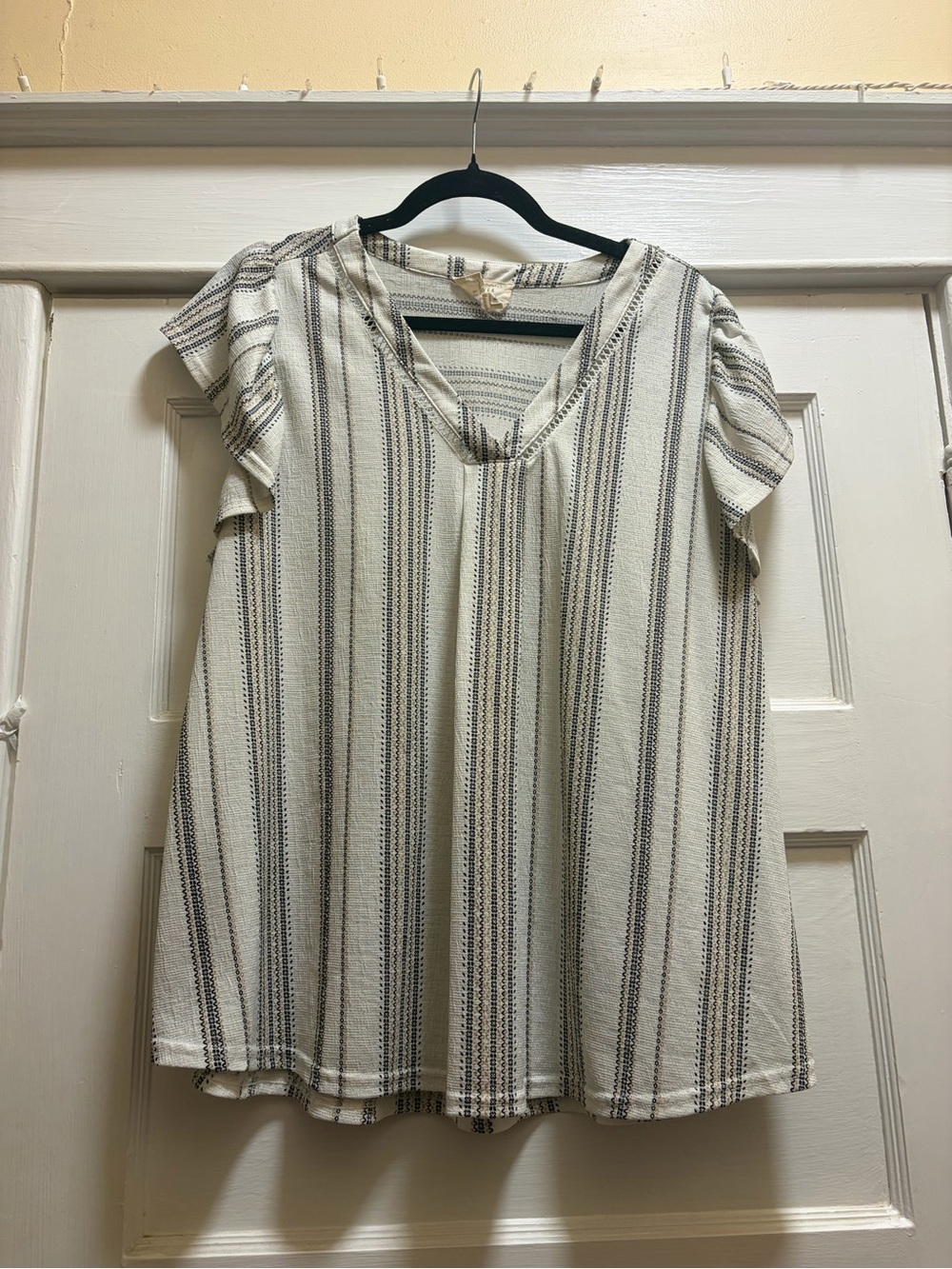 Cream and Black Striped V-Neck Flutter Sleeve Blouse
